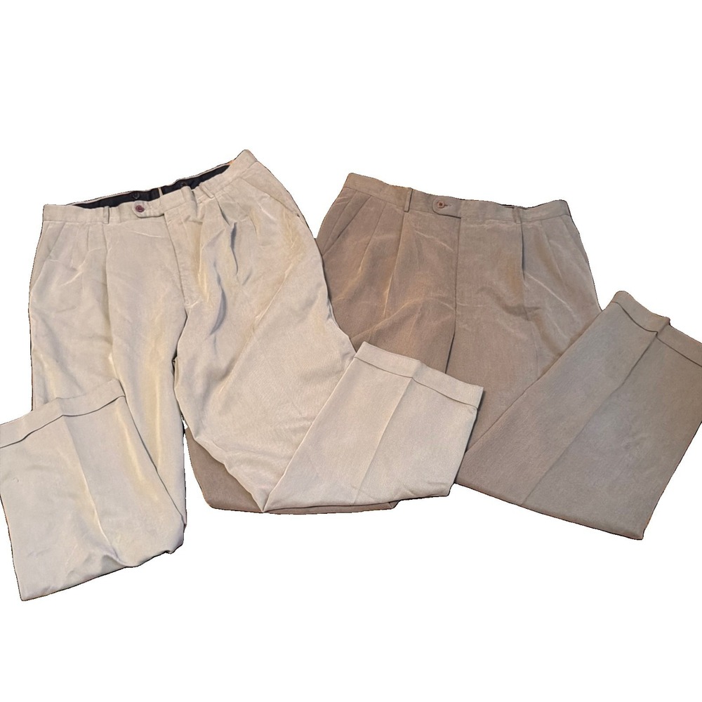 Innocenti for Tom James Mens 34x29 Dress Pants Ivory Pleated Cuffed USA Lot of 2